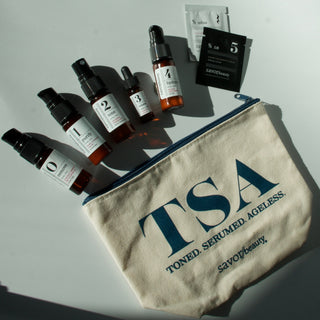 TSA-approved pouch with small bottles and items on a white surface