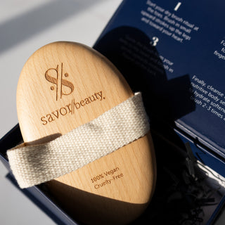savor beauty dry brush wooden paddle with branded logos 100% vegan cruelty-free
