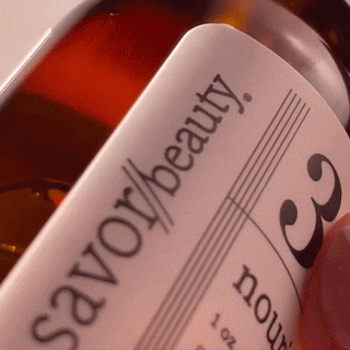 GIF compiling a tight shot of the Raspberry Seed Serum bottle and label along with a zoomed in texture shot of the golden serum
