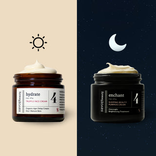 A split-screen skincare set from Savor beauty, showing two jars one pumpkin face cream dark navy starry background. The left jar, labeled truffle face cream with a sun icon above, is on a beige background.