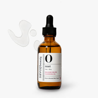 Savor Beauty  Reset Kalamari Melon Cleansing Oil in an amber glass dropper bottle with a white label, shown on a light gray background with a translucent droplet graphic.