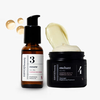 Two skincare products from savor beauty on a white background: an amber glass bottle of pumpkin seed serum with a black pump and a black jar of pumpkin cream with cream smeared on top.