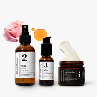 Radiant rose trio featuring Savor Beauty skincare dewy rose toner, carrot rose coq-10 serum, and radiant rose face cream
