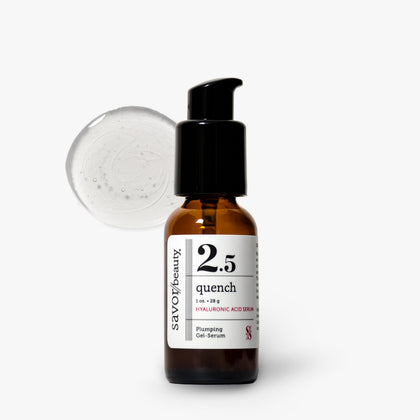 Savor Beauty's 2.5 Quench Hyaluronic Acid Serum in an amber glass bottle with a black pump dispenser, shown against a light gray background with a circular gel swatch behind it.