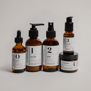 Set of skincare products with labeled bottles on a neutral background