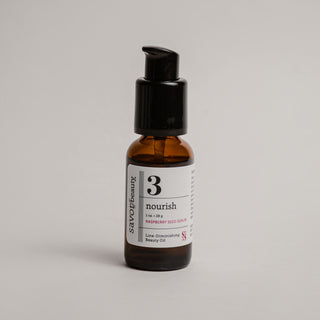 Brown bottle of skincare serum with a numbered label that reads "nourish"