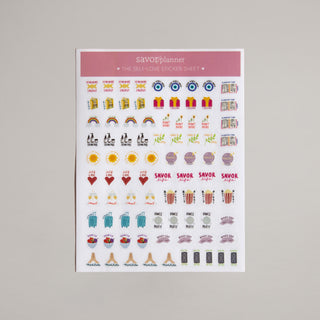 Sticker sheet with various colorful icons and text on a gray background