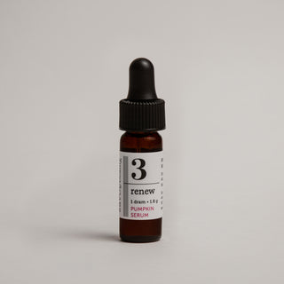 Bottle of serum with dropper labeled '3 renew' on a light gray background