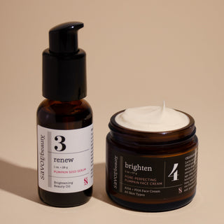 Skincare products labeled 'renew' and 'brighten' on a beige background