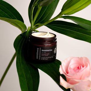 Open jar of face cream on green leaves with a pink rose beside it