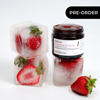 Pre-order ticker on image of strawberry peel on a white background with strawberry ice cubes and fresh strawberries