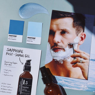 Sapphire post-shave gel moodboard with a bottle, Pantone colors, product swatch, and a photo of a man shaving.