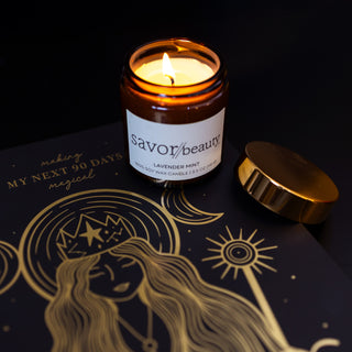 Savor Beauty candle with a decorative box featuring celestial designs.