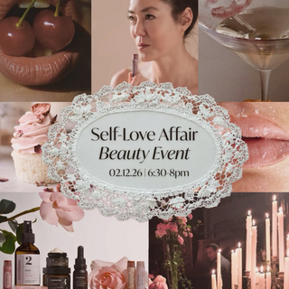 Collage of images with a central decorative frame for a 'Self-Love Affair Beauty Event' on 02.12.26.