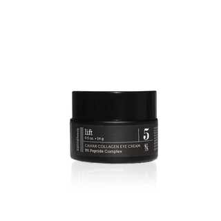 Black jar of caviar collagen eye cream on a white background