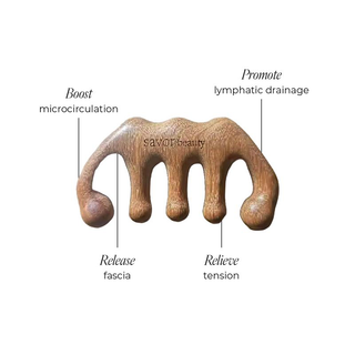 Wooden massage tool with text describing its benefits on a white background