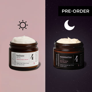Two jars of face cream with 'Pre-Order' text and symbols on a pink and purple gradient background.
