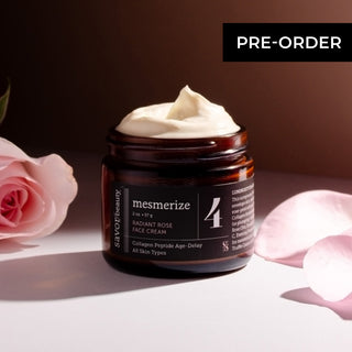 Jar of face cream with a pink rose and petals on a dark background